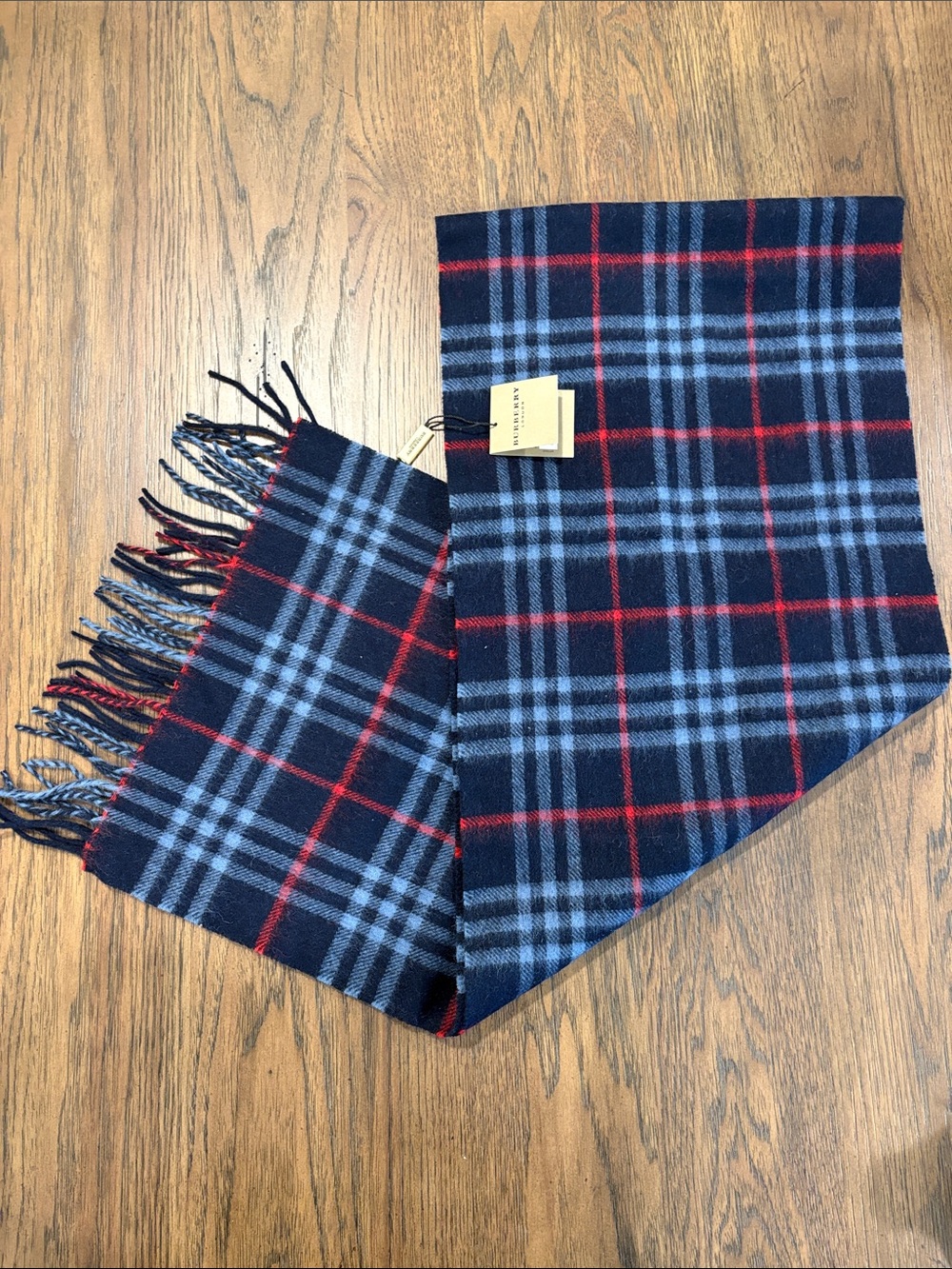 Burberry Navy Plaid Scarf with Red and Light Blue Checks